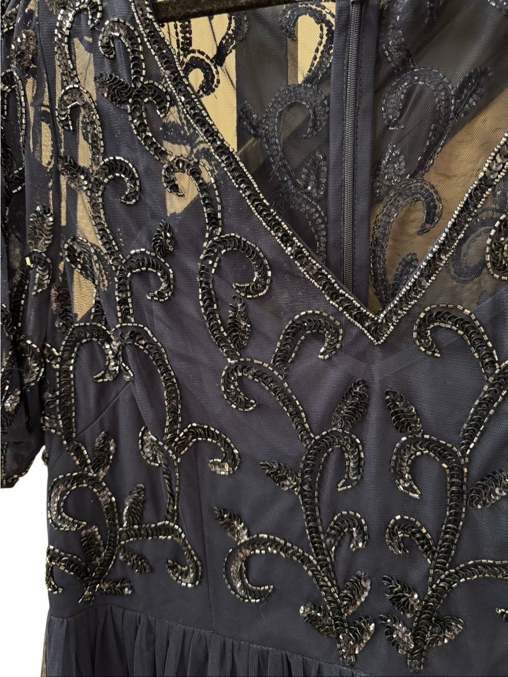 Papell Studio Navy Blue Beaded Mesh Formal Gown Dress Plus Size 16 - Picture 5 of 16